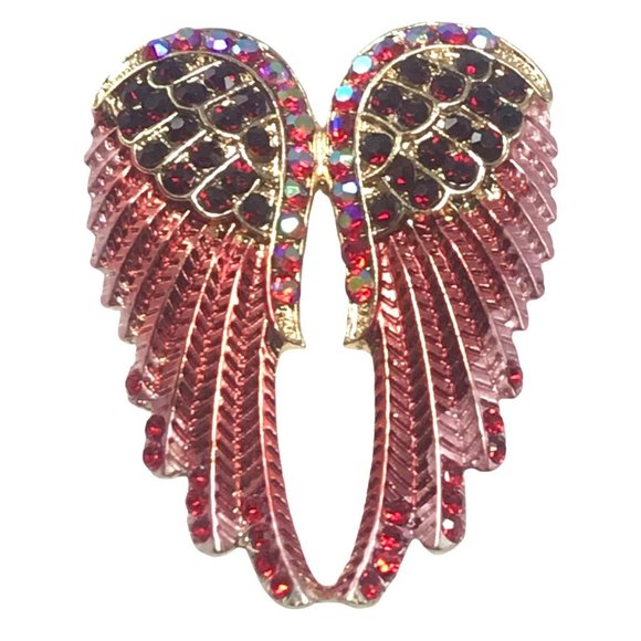 Unbranded Jewelry - Pink and Red Rhinestone Crystal Angel Wings Brooch Gold Tone Ships From USA